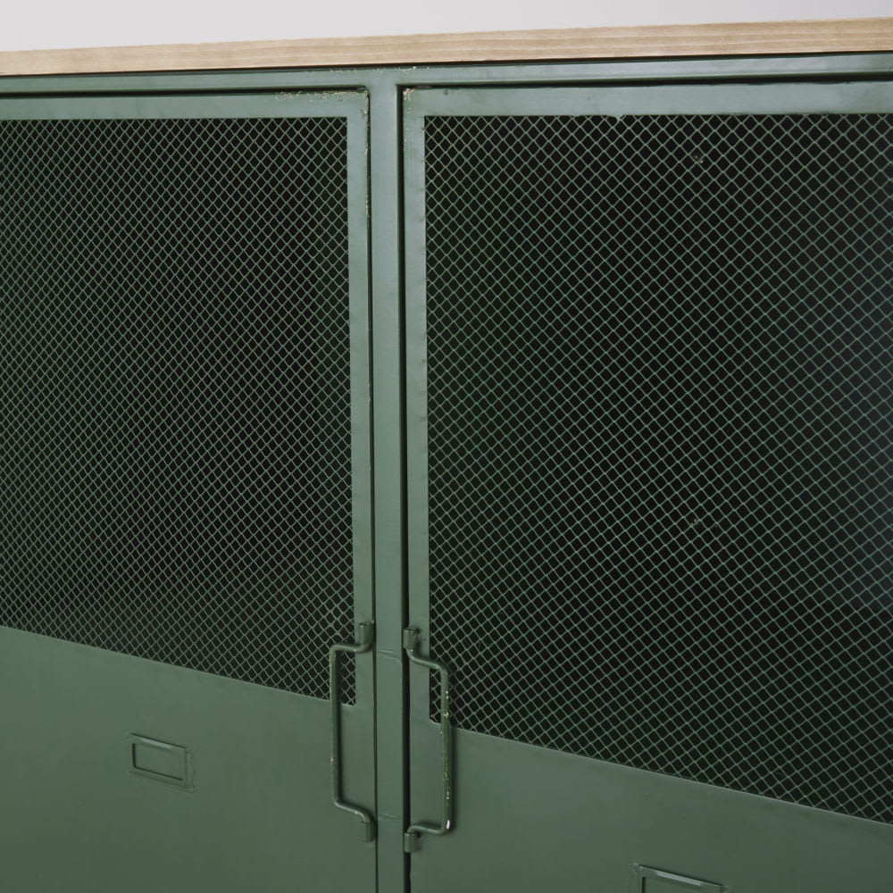 Buffet style industriel 3 portes en bois de sapin et acier vert à roulettes — vue 4