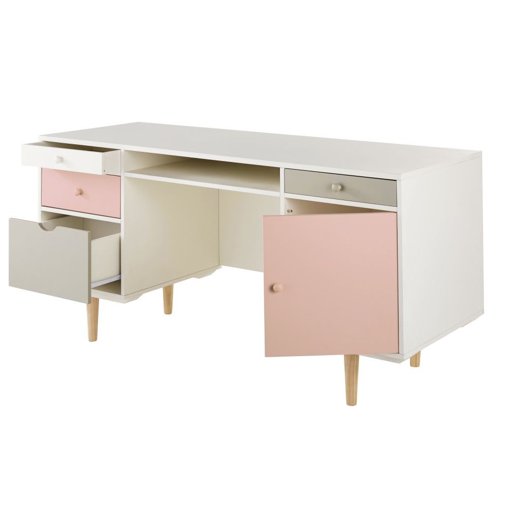 Bureau 1 porte 4 tiroirs blanc, gris et rose — vue 3