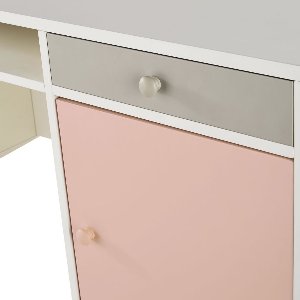 Bureau 1 porte 4 tiroirs blanc, gris et rose — vue 4