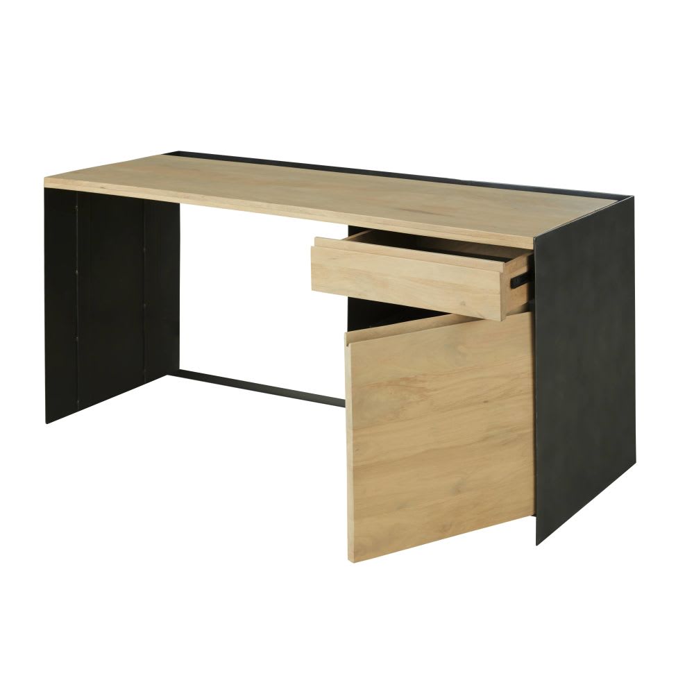 Bureau 1 tiroir 1 porte en métal et bois de manguier - Maisons du Monde