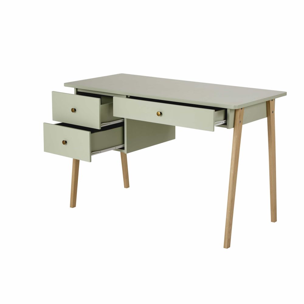 Bureau 3 tiroirs vert et pieds en chêne — vue 3