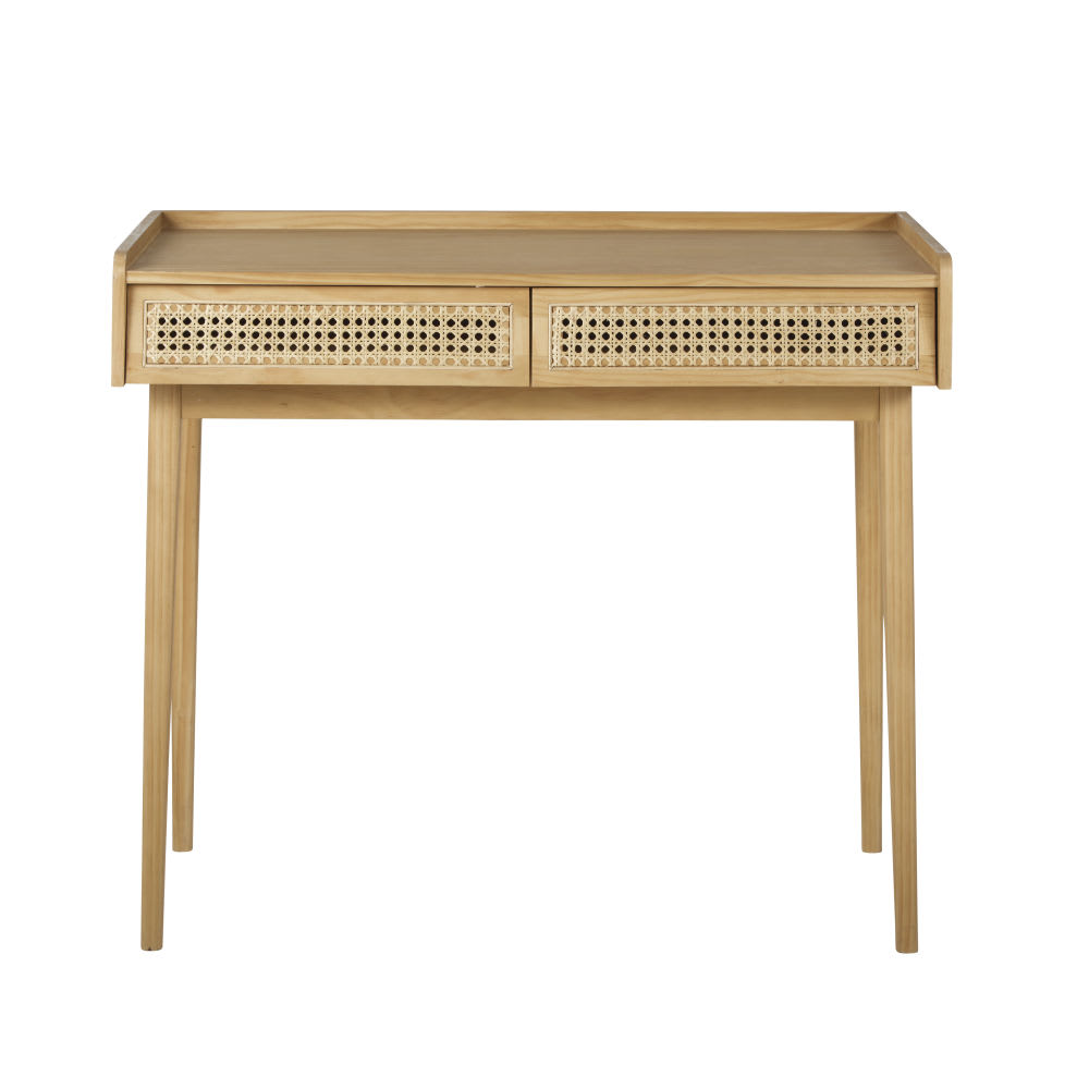 Bureau en bois de pin et cannage en rotin, L100 cm — vue 3