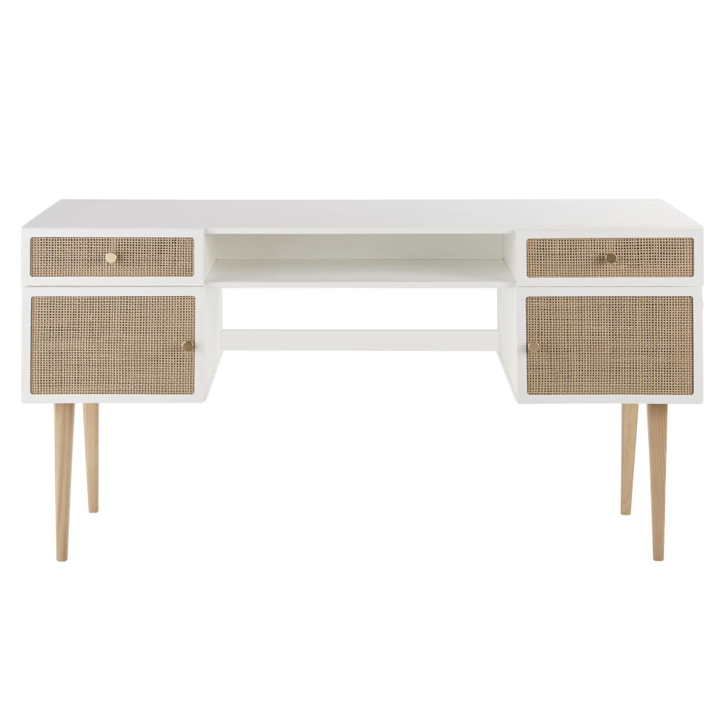Bureau enfant bicolore 2 portes 2 tiroirs cannage en rotin