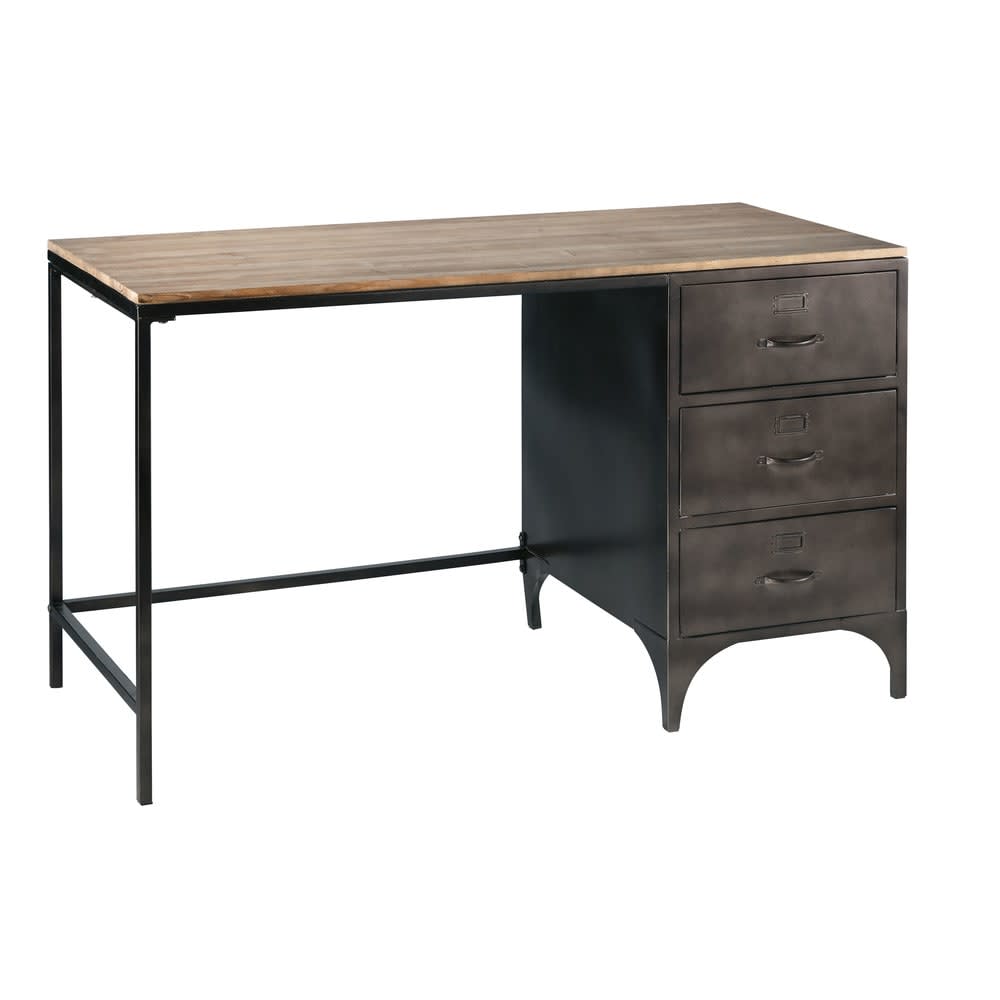 Bureau industriel 3 tiroirs en métal et bois de sapin