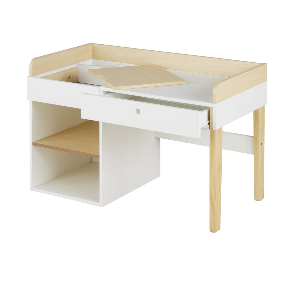 Bureau maternelle multi-rangements blanc et beige