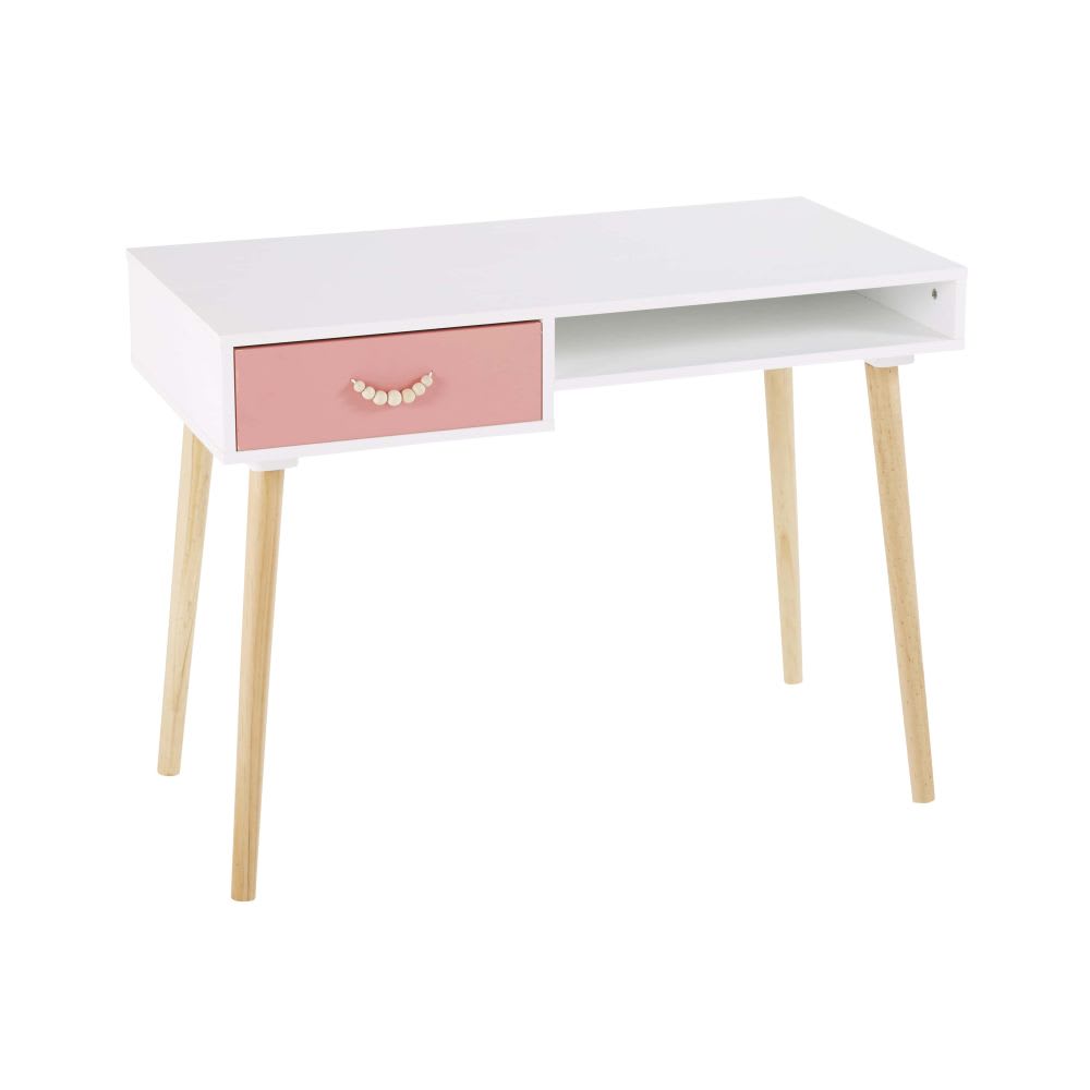 Bureau vintage 1 tiroir rose corail et blanc