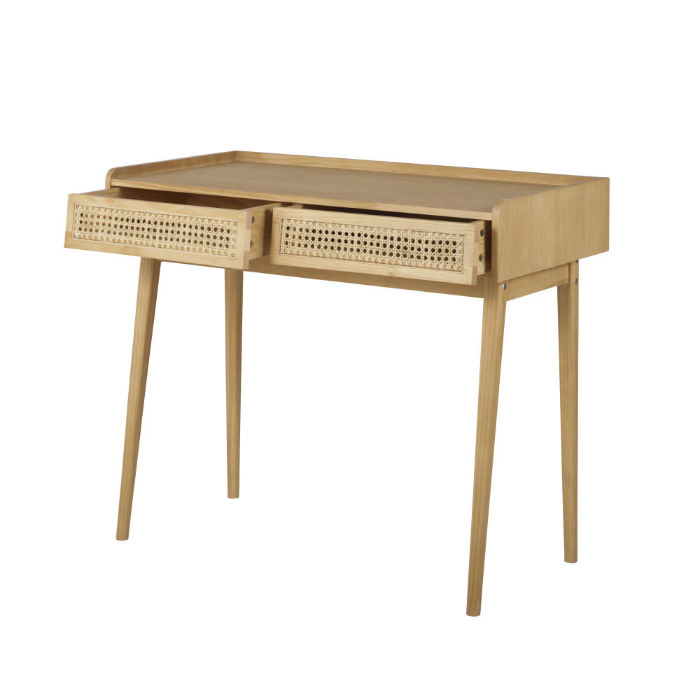 Bureau vintage 2 tiroirs en pin et cannage en rotin
