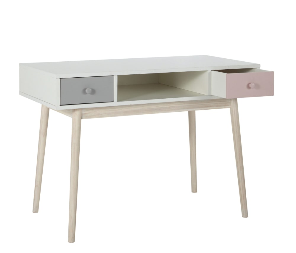 Bureau vintage blanc 2 tiroirs gris et rose - Maisons du Monde