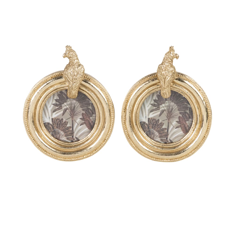 Cadres photos ronds perroquets en résine dorée (x2) 7x7