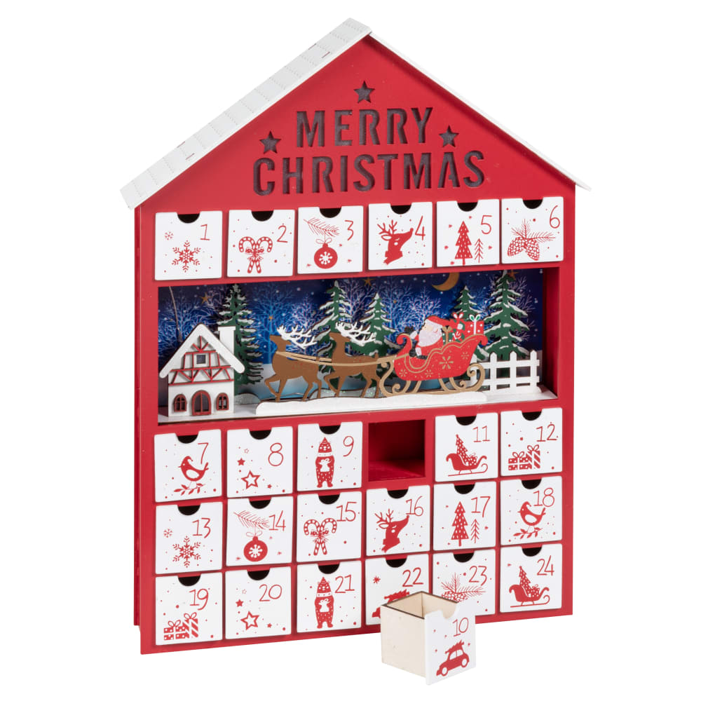 Calendário do Advento casa em madeira de choupo vermelha e branca