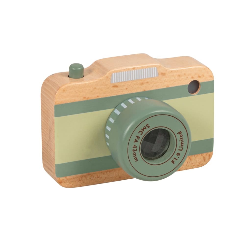 Cámara de fotos de juguete de madera de haya verde, beige y blanca
