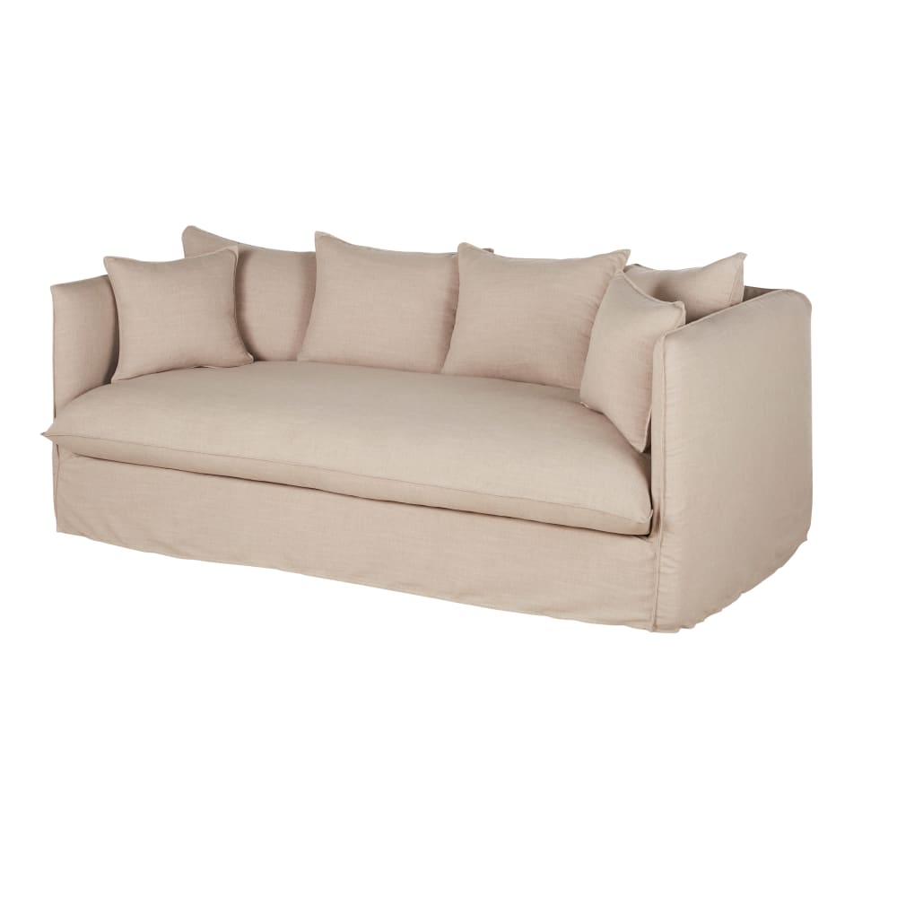 Canapé 3/4 places en tissu beige effet lin