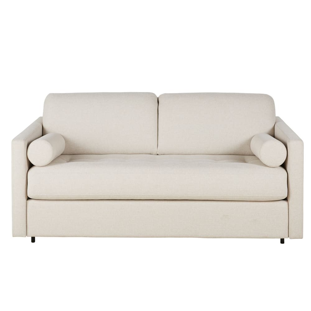 Canapé convertible 2/3 places en tissu polyester tramé beige, matelas 18 cm Canapé convertible 2/3 places en tissu polyester tramé beige, matelas 18 cm