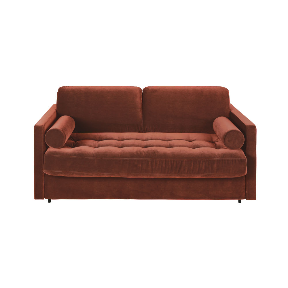 Canapé convertible 2/3 places en velours terracotta, matelas 18 cm