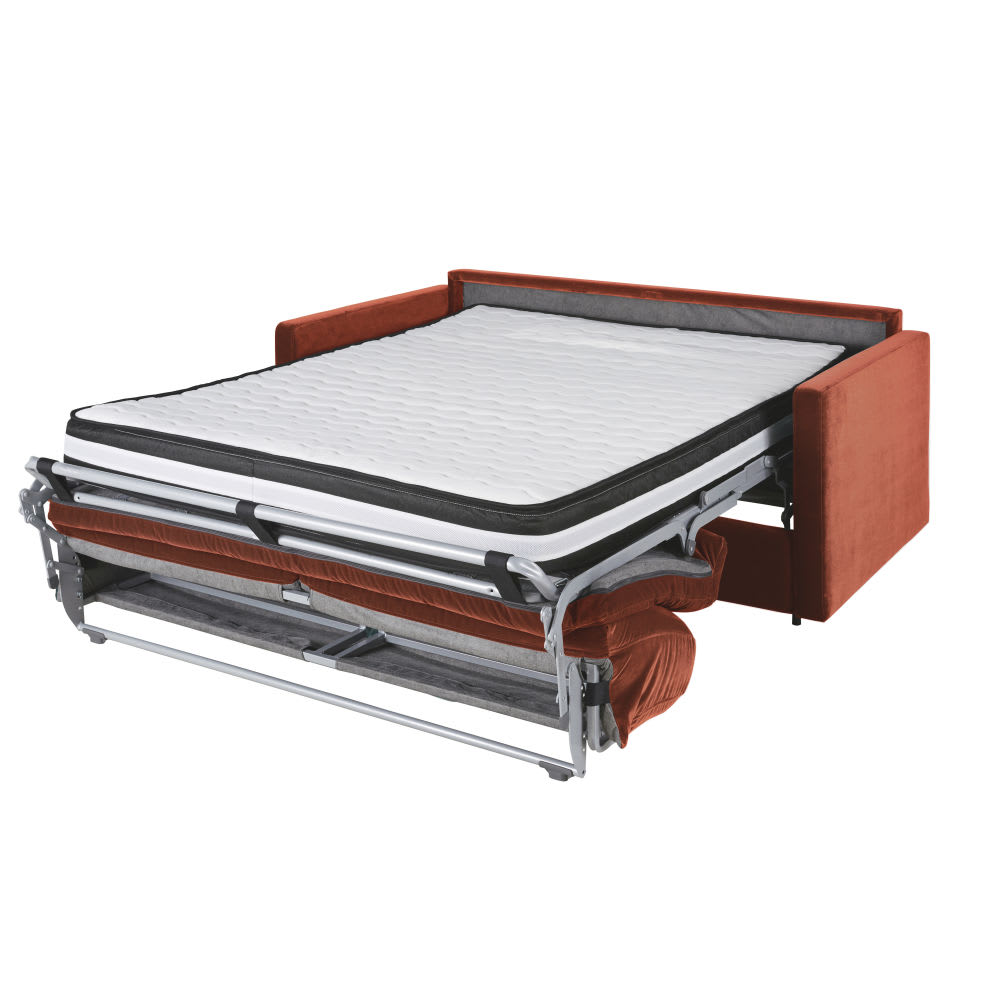 Canapé convertible 2/3 places en velours terracotta, matelas 18