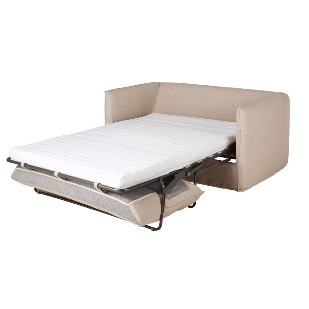 Canapé convertible 2 places en tissu beige effet lin, matelas 10 cm