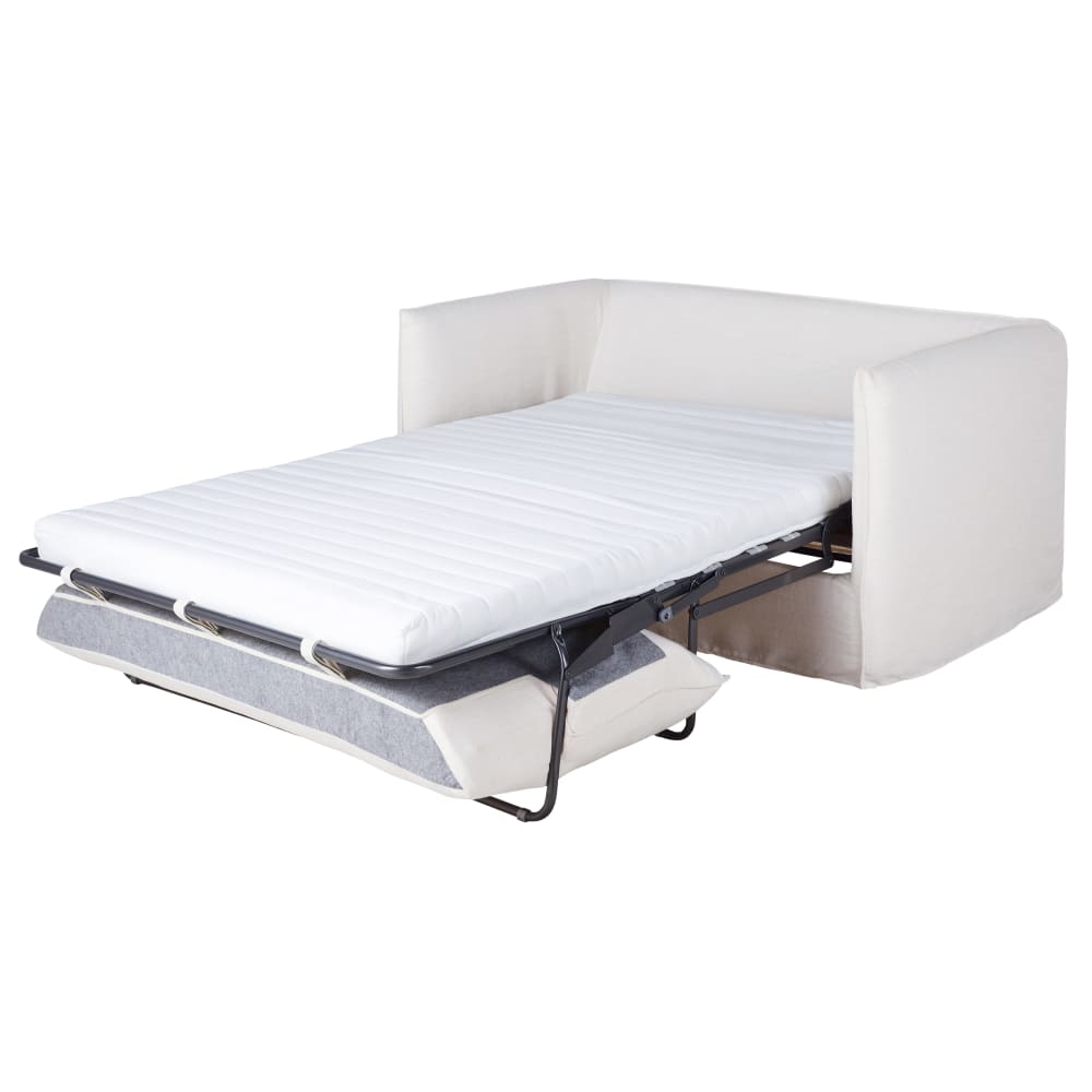 Canapé convertible 2 places en tissu blanc effet lin, matelas 10 cm