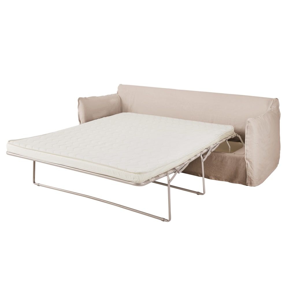 Canapé convertible 3/4 places en lin froissé beige, matelas 6 cm