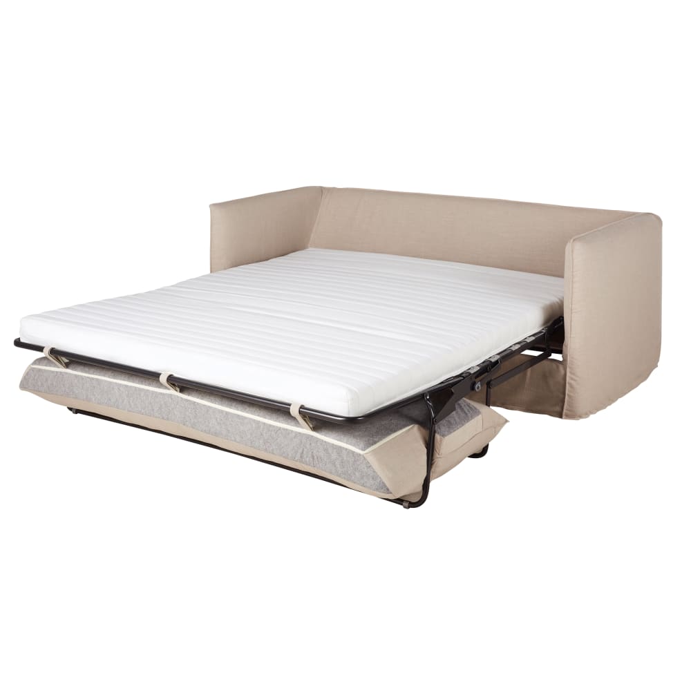 Canapé convertible 3/4 places en tissu beige effet lin, matelas 10 cm