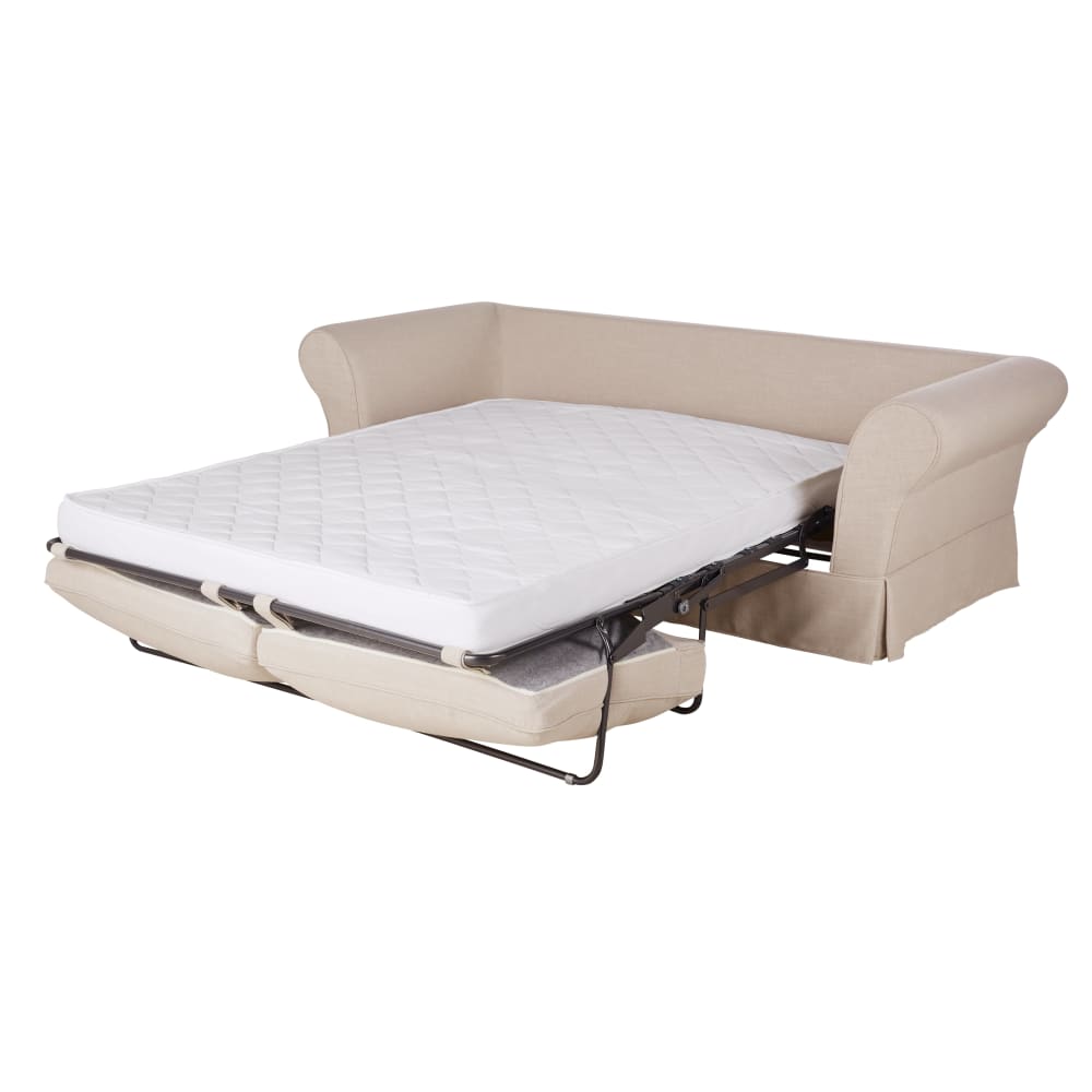 Canapé convertible 3/4 places en tissu beige effet lin, matelas 12 cm