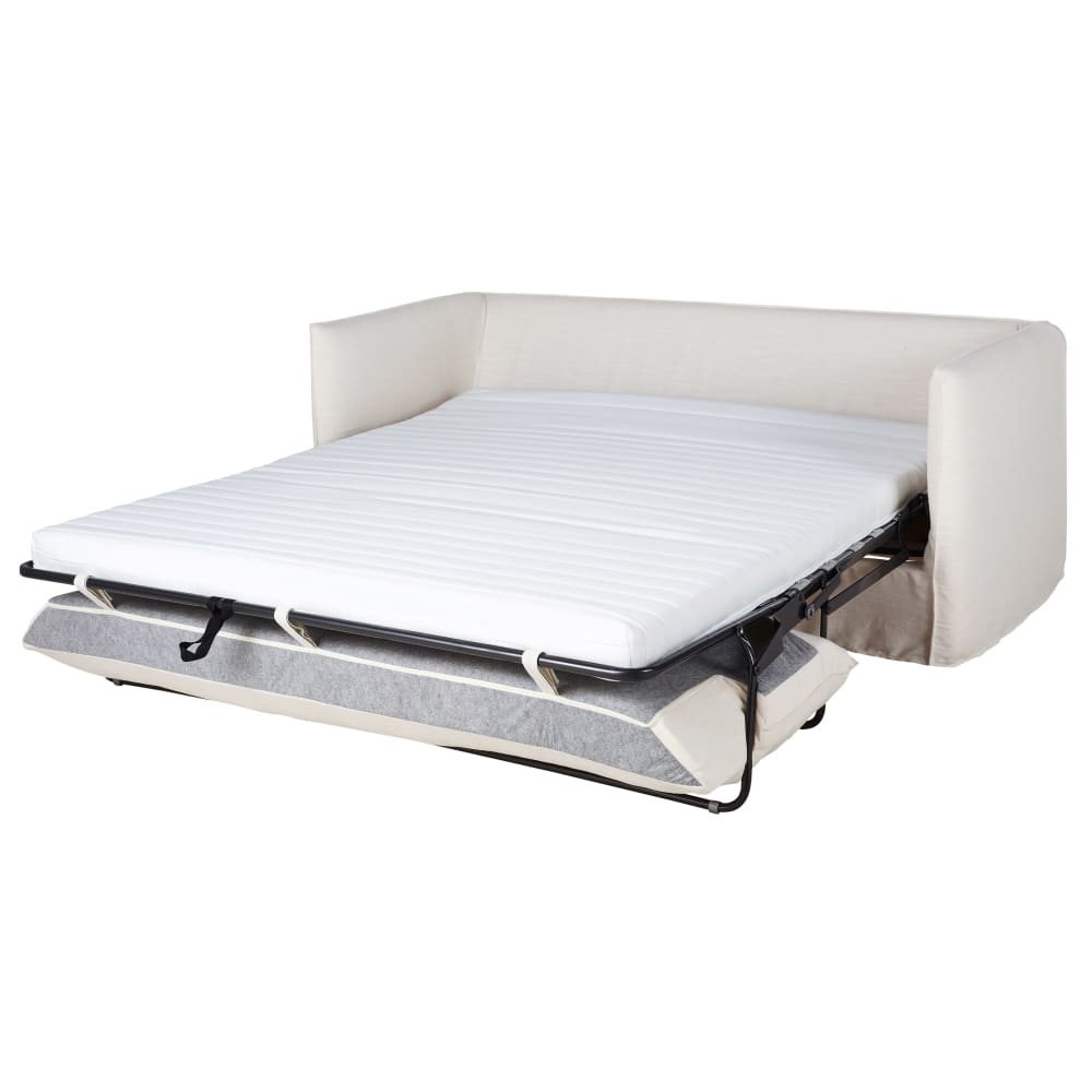 Canapé convertible 3/4 places en tissu blanc effet lin, matelas 10 cm