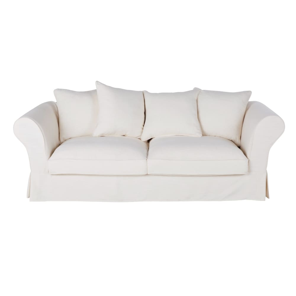 Canapé convertible 3/4 places en tissu ivoire effet lin, matelas 12 cm