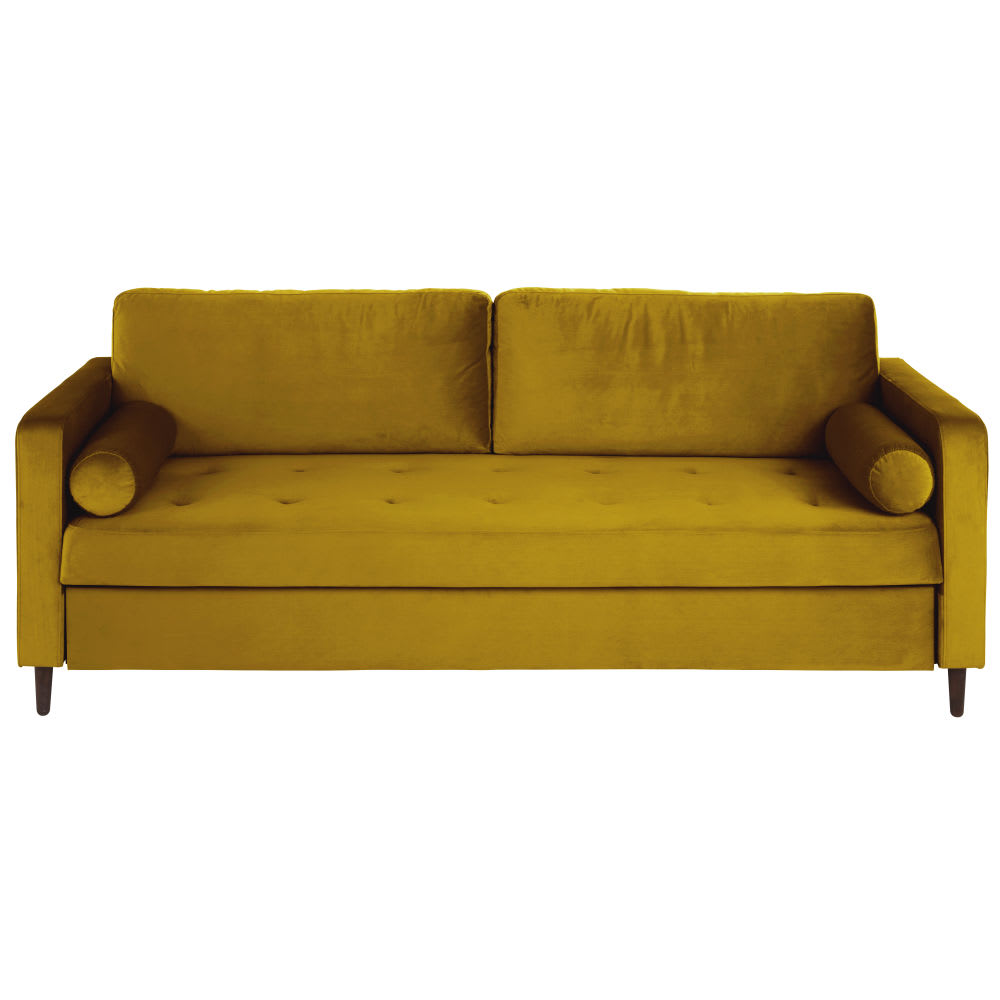 Canapé convertible 3/4 places en velours jaune