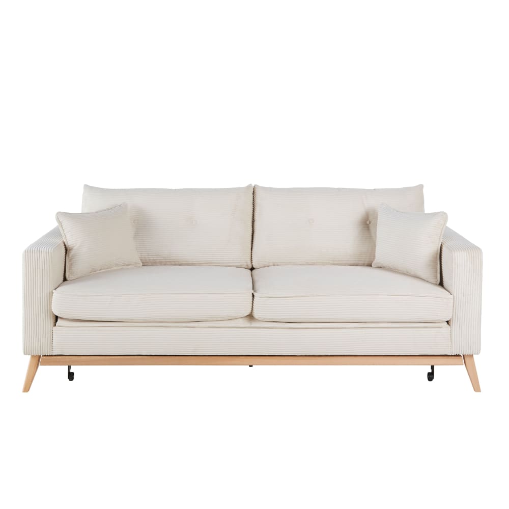 Canapé convertible style scandinave 3 places en velours côtelé beige