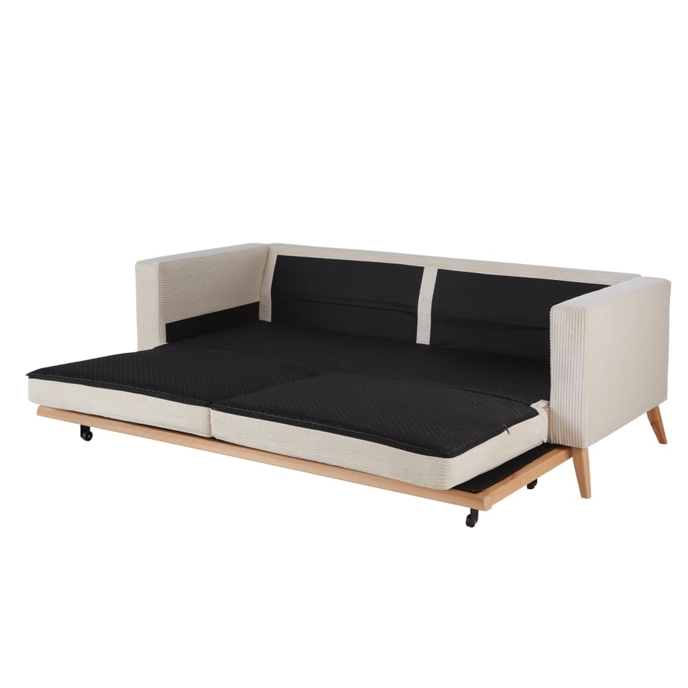 Canapé convertible style scandinave 3 places en velours côtelé beige