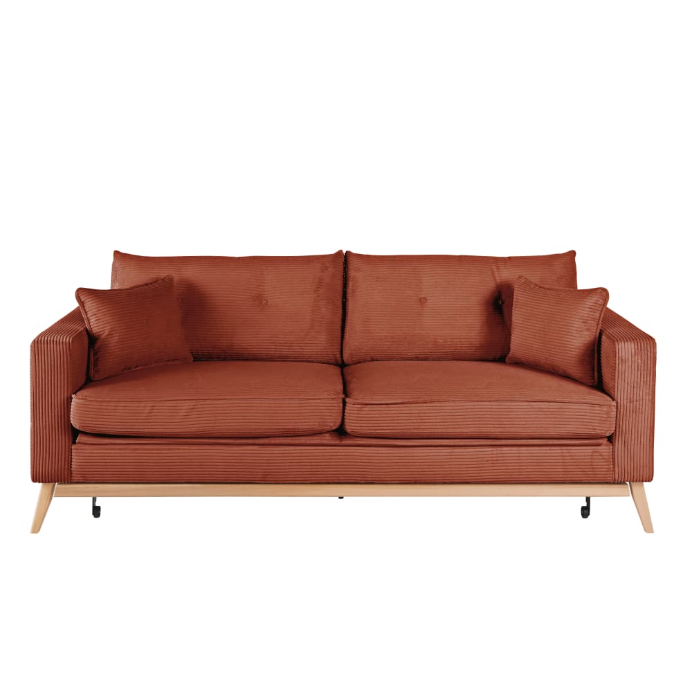 Canapé convertible style scandinave 3 places en velours côtelé orange écureuil