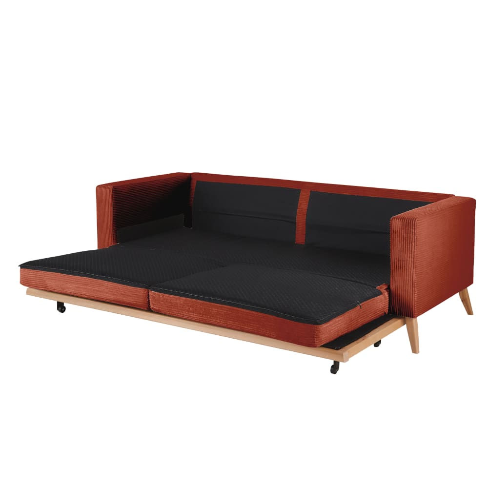 Canapé convertible style scandinave 3 places en velours côtelé orange écureuil