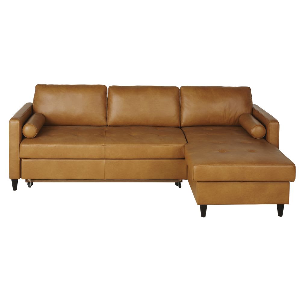 Canapé d'angle convertible 4/5 places en cuir caramel