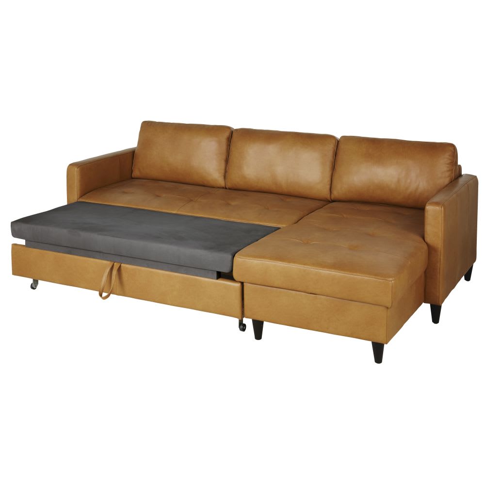 Canapé d'angle convertible 4/5 places en cuir caramel - Maisons du Monde