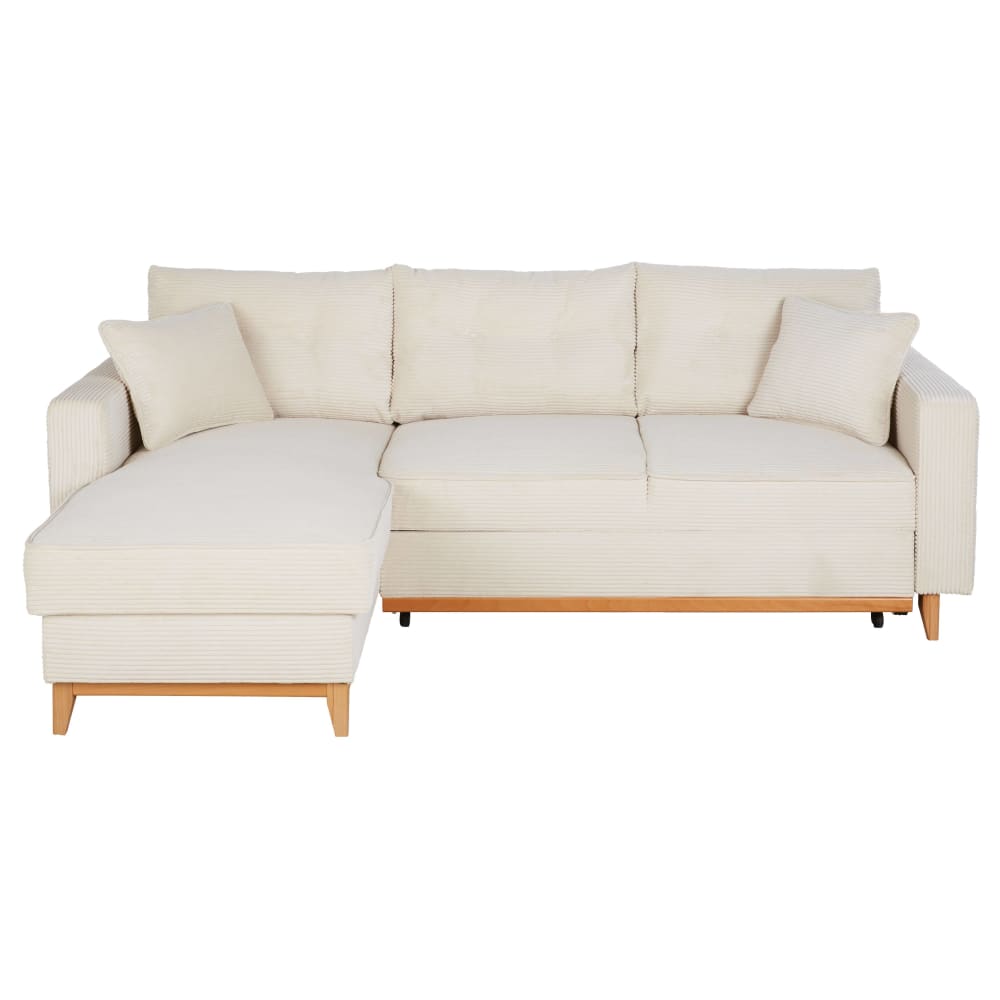 Canapé d'angle convertible style scandinave 3/4 places en velours côtelé beige