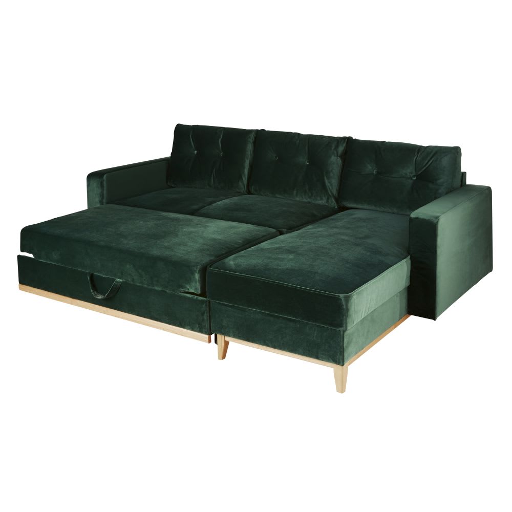Canapé d'angle convertible style scandinave 3/4 places en velours vert