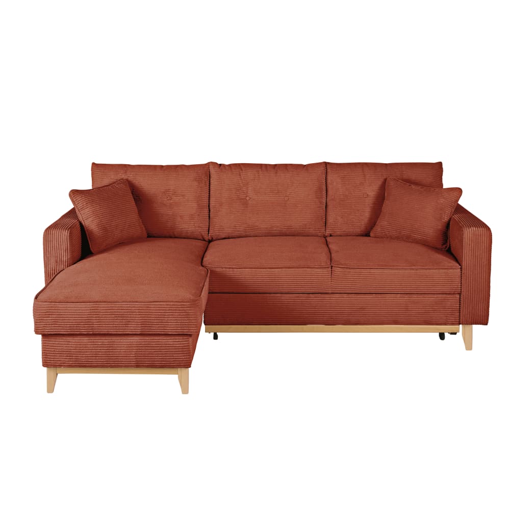 Canapé d'angle convertible style scandinave 4/5 places en velours côtelé orange écureuil