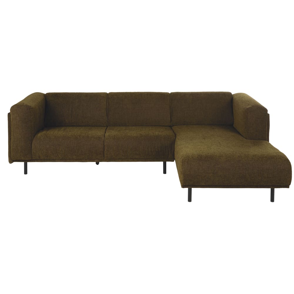 Canapé d'angle droit 3/4 places en velours côtelé vert foncé