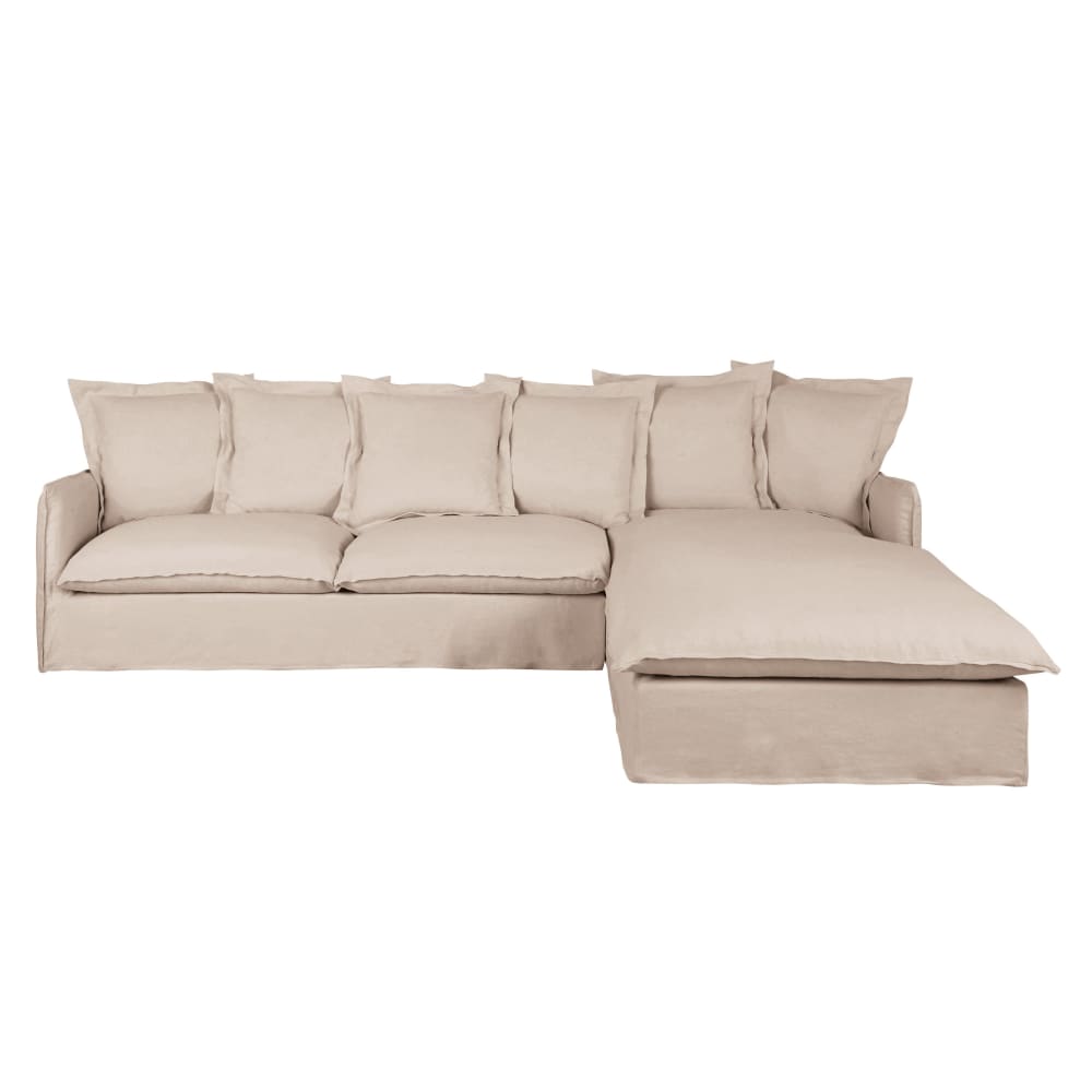 Canapé d'angle droit 4/5 places effet lin beige