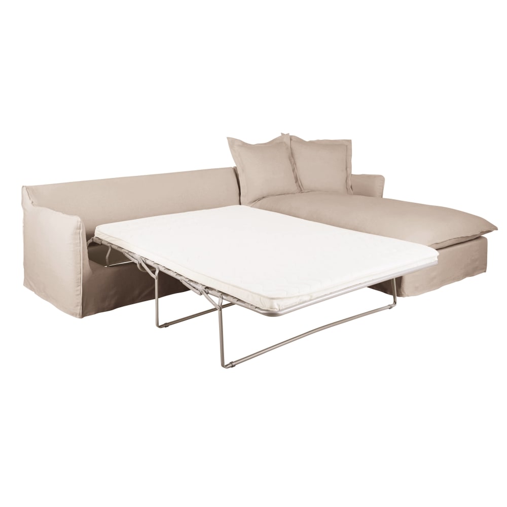 Canapé d'angle droit convertible 4/5 places effet lin beige, matelas 6 cm - Maisons du Monde