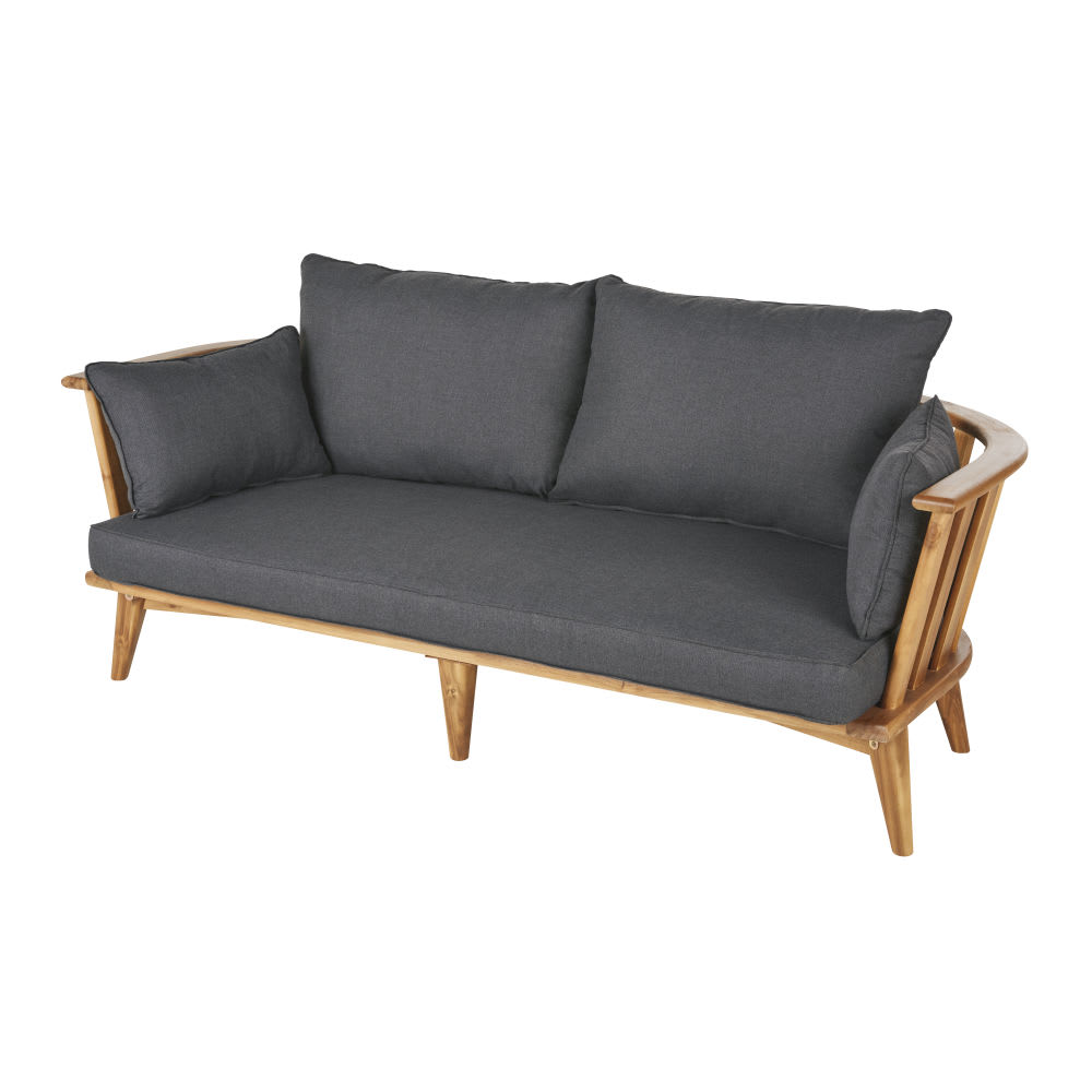 Canapé de jardin 2/3 places en acacia massif et coussins gris anthracite