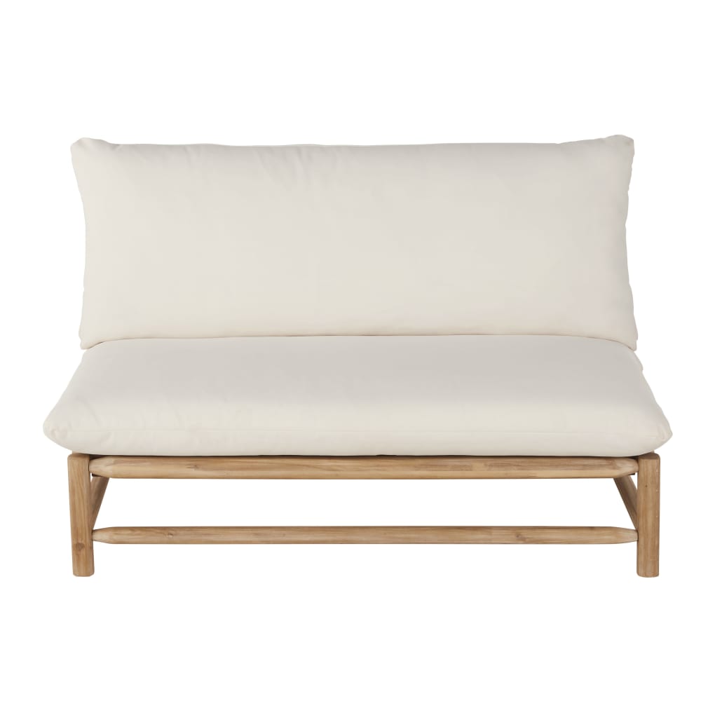 Canapé de jardin 2 places en bois d'acacia et coussins écrus
