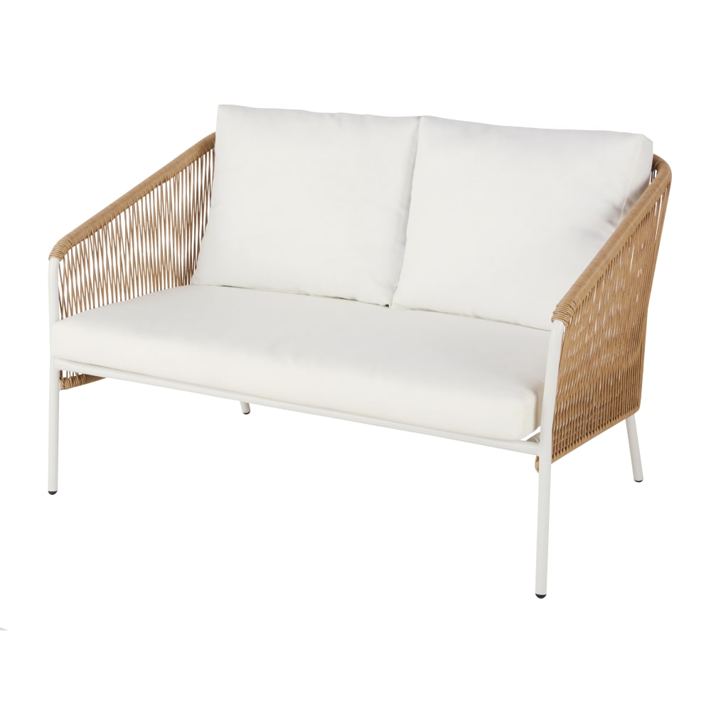 Canapé de jardin 2 places en résine recyclée beige et métal blanc