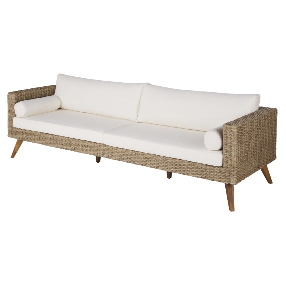 Canapé de jardin 3/4 places en résine tressée beige et coussins écrus