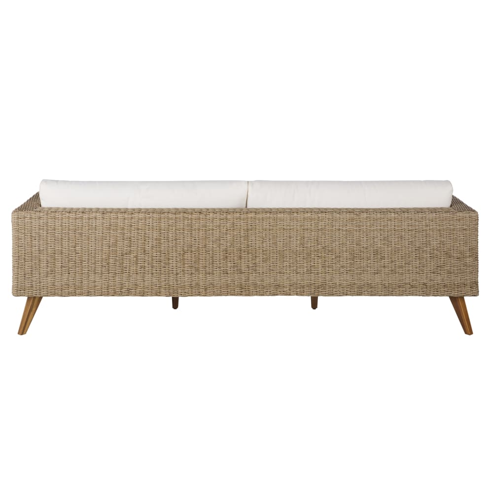 Canapé de jardin 3/4 places en résine tressée beige et coussins écrus — vue 4