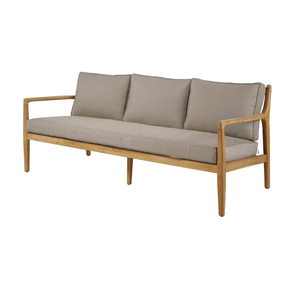 Canapé de jardin 3 places en acacia massif et coussins taupe