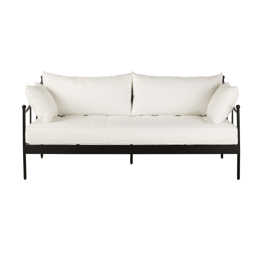 Canapé de jardin 3 places en acier noir et coussins blanc cassé