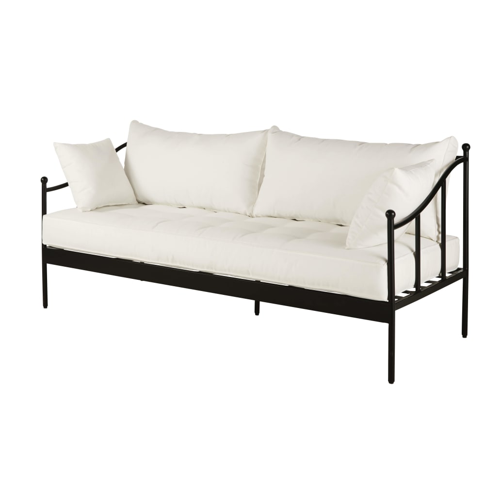 Canapé de jardin 3 places en acier noir et coussins blanc cassé