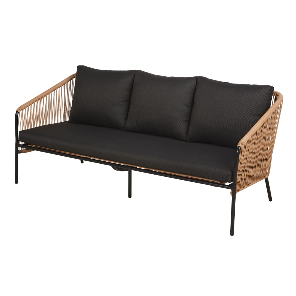 Canapé de jardin 3 places en résine recyclée beige, acier noir et coussins en polyester recyclé noir