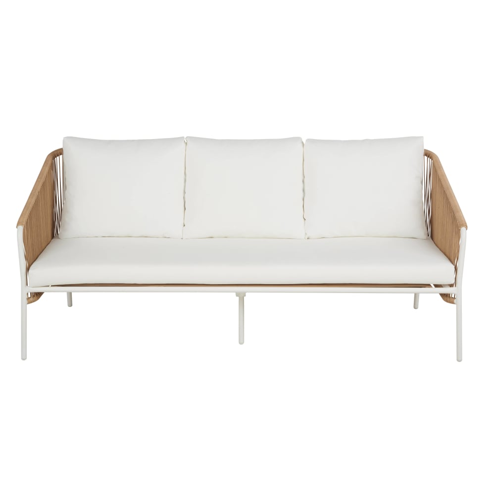 Canapé de jardin 3 places en résine recyclée beige et métal blanc