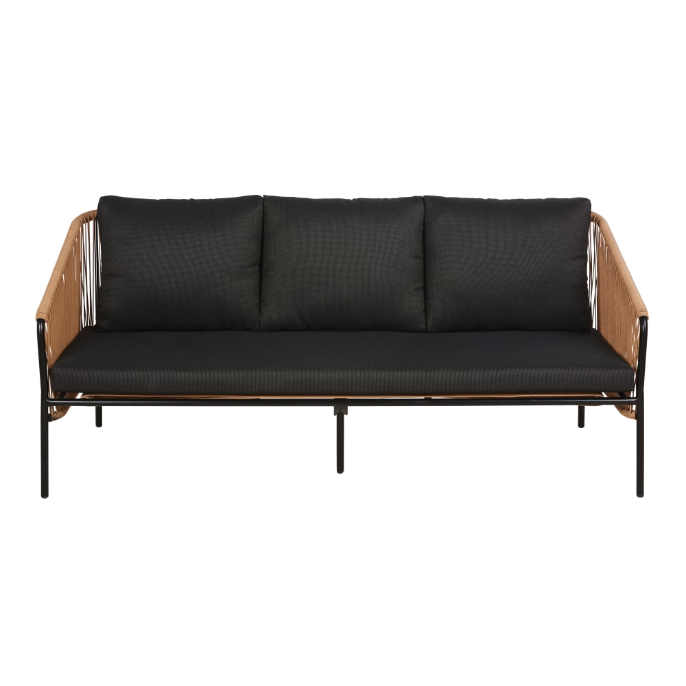 Canapé de jardin 3 places en résine recyclée beige, métal noir et coussins en polyester recyclé noir